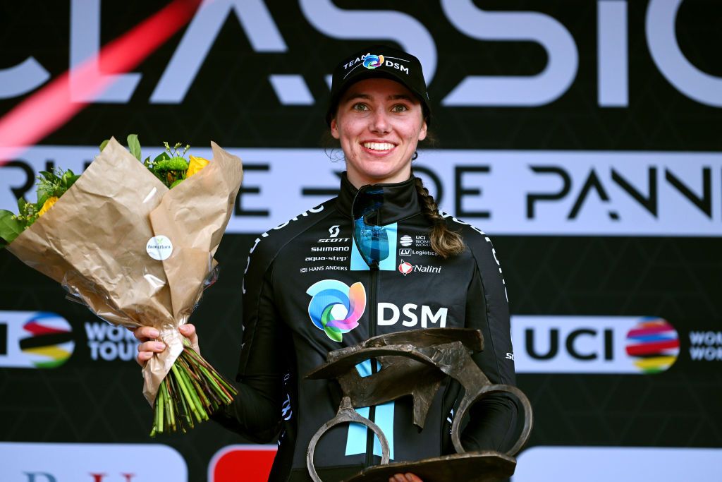 DE PANNE BELGIUM MARCH 23 Pfeiffer Georgi of United Kingdom and Team DSM celebrates at podium as race winner during the 6th Exterioo Womens Classic BruggeDe Panne 2023 a 1631km one day race from Brugge to De Panne UCIWWT on March 23 2023 in De Panne Belgium Photo by Luc ClaessenGetty Images
