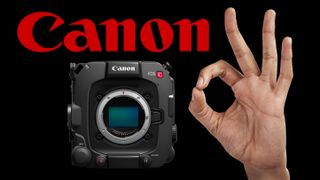 The Canon logo and the Canon EOS C400 camera with a hand holding up three fingers