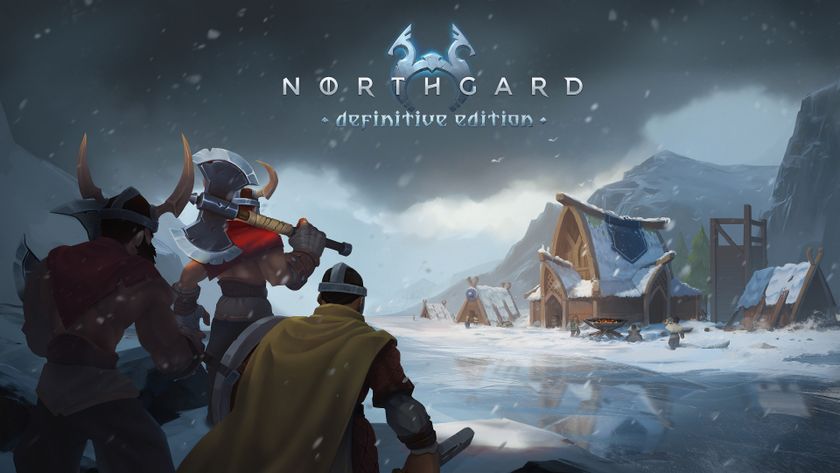 Key art for Northgard Definitive Edition, showing Vikings looking at a snowed-in longhouse