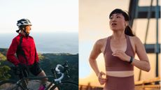 Woman riding a bike overlooking a view with helmet and shorts on next to woman running along city path at sunset, representing cycling vs running