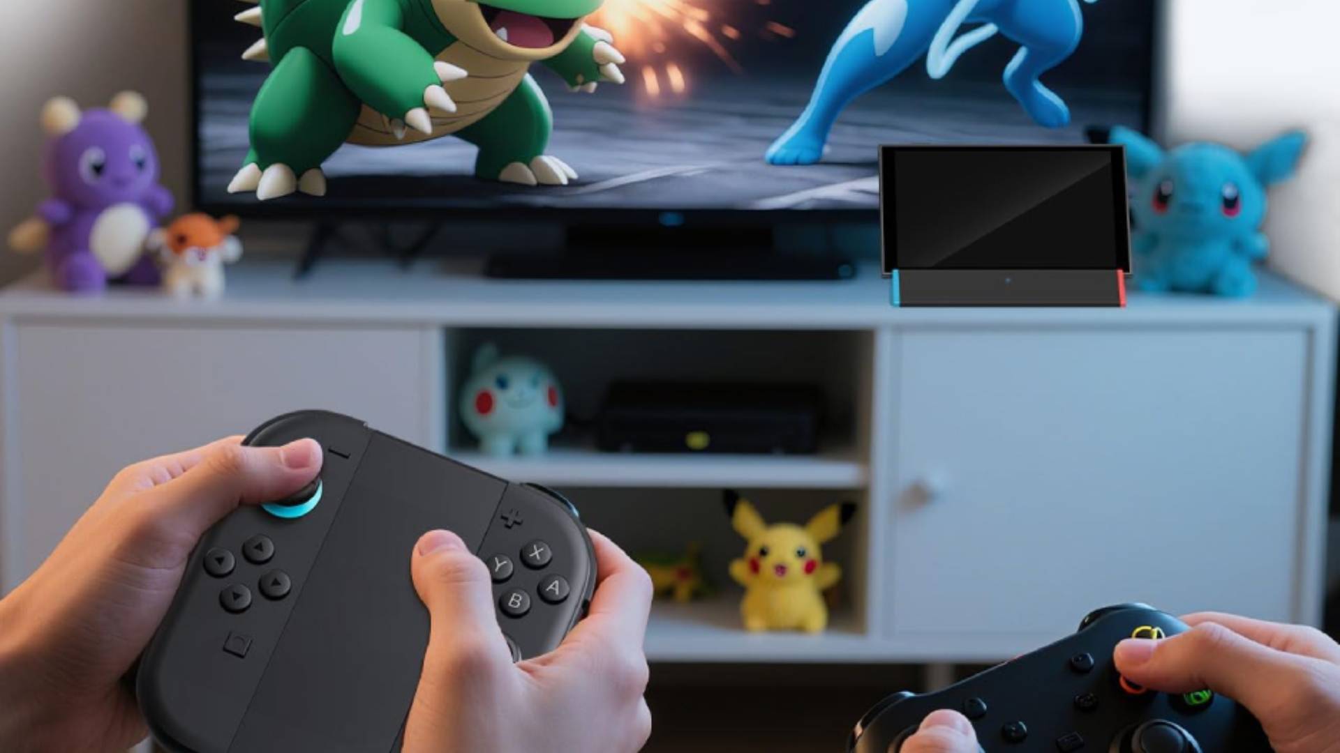 SIWIQU Switch 2 dock sitting on grey TV unit with hands holding controllers in front.