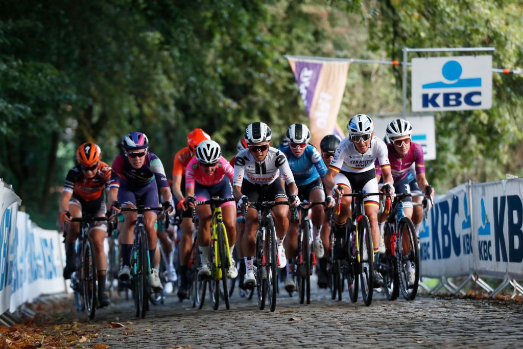 WEVELGEM BELGIUM OCTOBER 11 Hannah Barnes of The United Kingdom and Team Canyon Sram Racing Coryn Rivera of The United States and Team Sunweb Liane Lippert of Germany and Team Sunweb UCI Best Young Jersey Lisa Brennauer of Germany and Ceratizit WNT Pro Cycling Team Elisabeth DeignanArmitstead of The United Kingdom and Team Trek Segafredo Cobblestones during the 9th GentWevelgem In Flanders Fields 2020 Women Elite a 1414km race from Ieper to Wevelgem GentWevelgem FlandersClassic on October 11 2020 in Wevelgem Belgium Photo by Bas CzerwinskiGetty Images