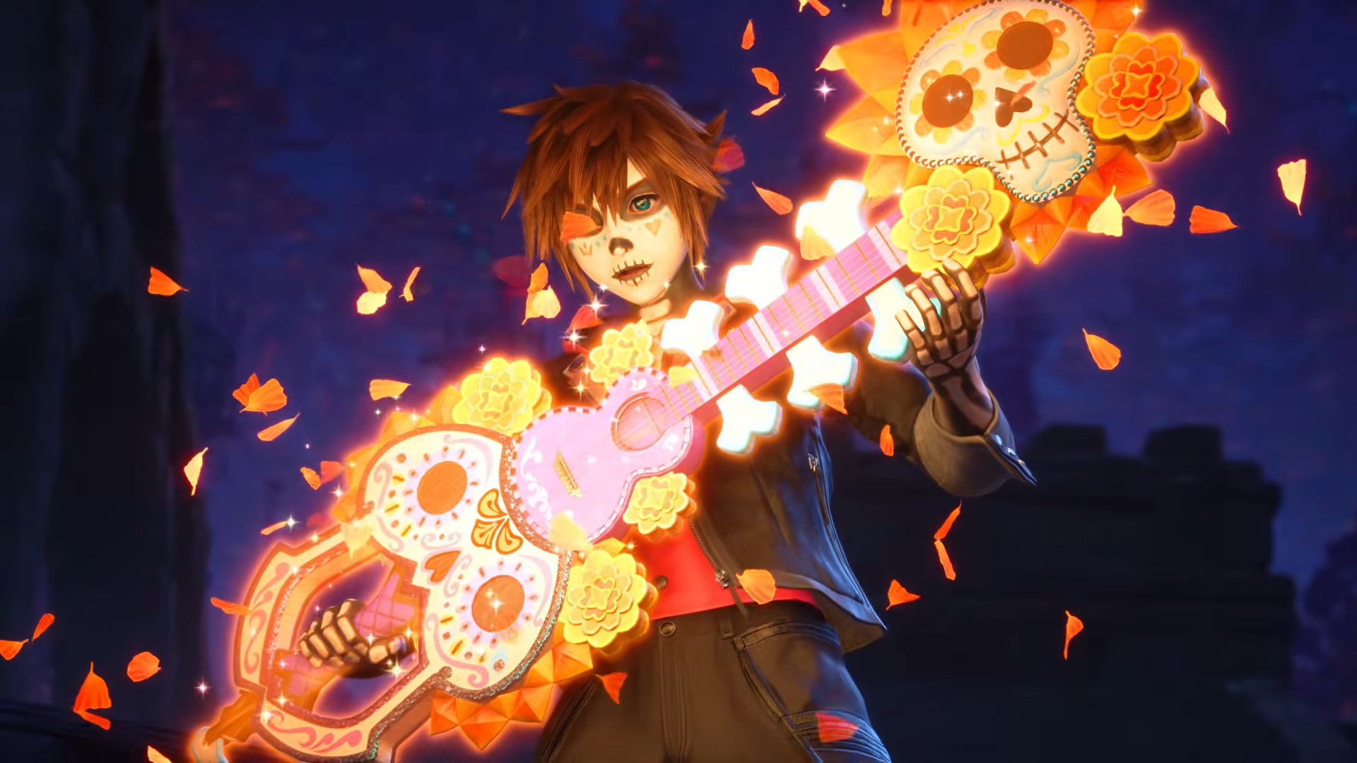 Sora wields a Keyblade themed after Pixar's Coco in a screenshot from Kingdom Hearts 4's D23 trailer.