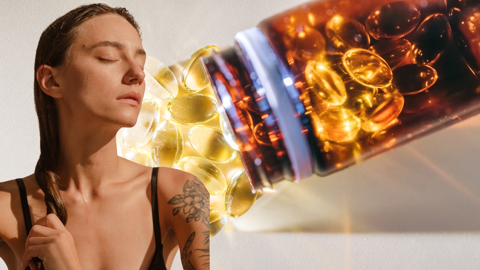 a woman with clear glowing skin with eyes closed overlaid on a bottle of gold pills spilled on a white surface