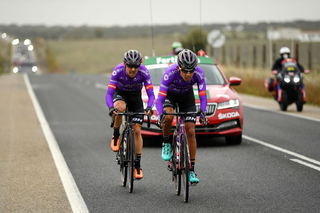 CIUDADRODRIGO SPAIN NOVEMBER 06 Angel Madrazo of Spain and Team Burgos BH Juan Felipe Osorio Arboleda of Colombia and Team Burgos BH Breakaway during the 75th Tour of Spain 2020 Stage 16 a 162km stage from Salamanca to Ciudad Rodrigo lavuelta LaVuelta20 La Vuelta on November 06 2020 in Ciudad Rodrigo Spain Photo by David RamosGetty Images