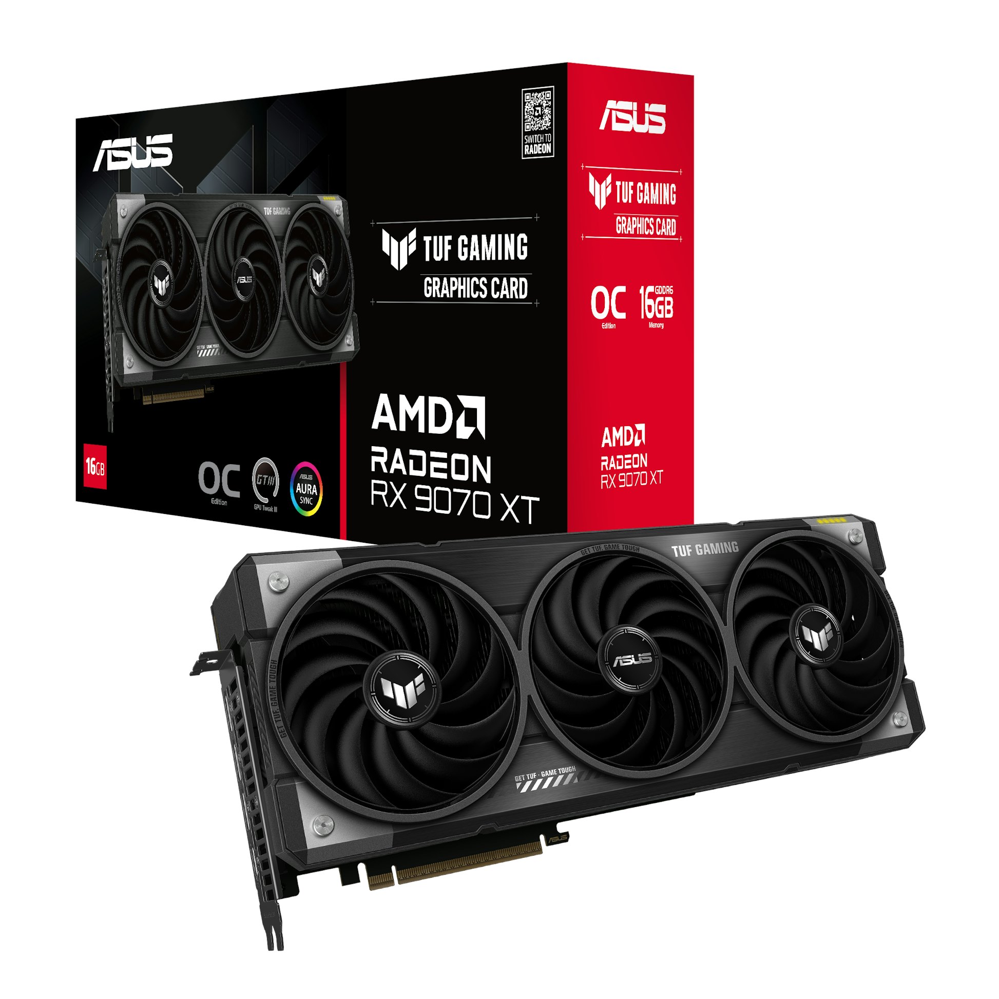 Asus Radeon RX 9070 XT TUF Gaming OC graphics card for PC gaming.