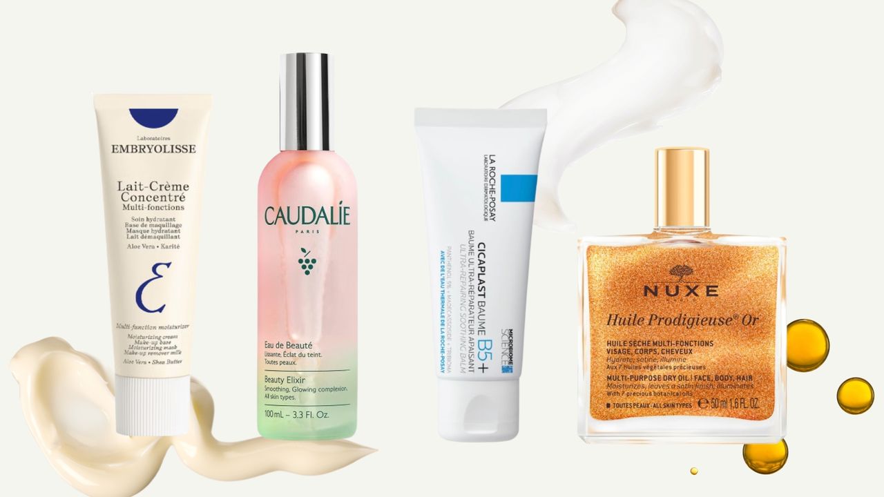 A collage of French skincare products from Embryolisse, Caudalie, La Roche-Posay and NUXE arranged in a line, surrounded by stock images of moisturiser and body oil spills/ on a cream background