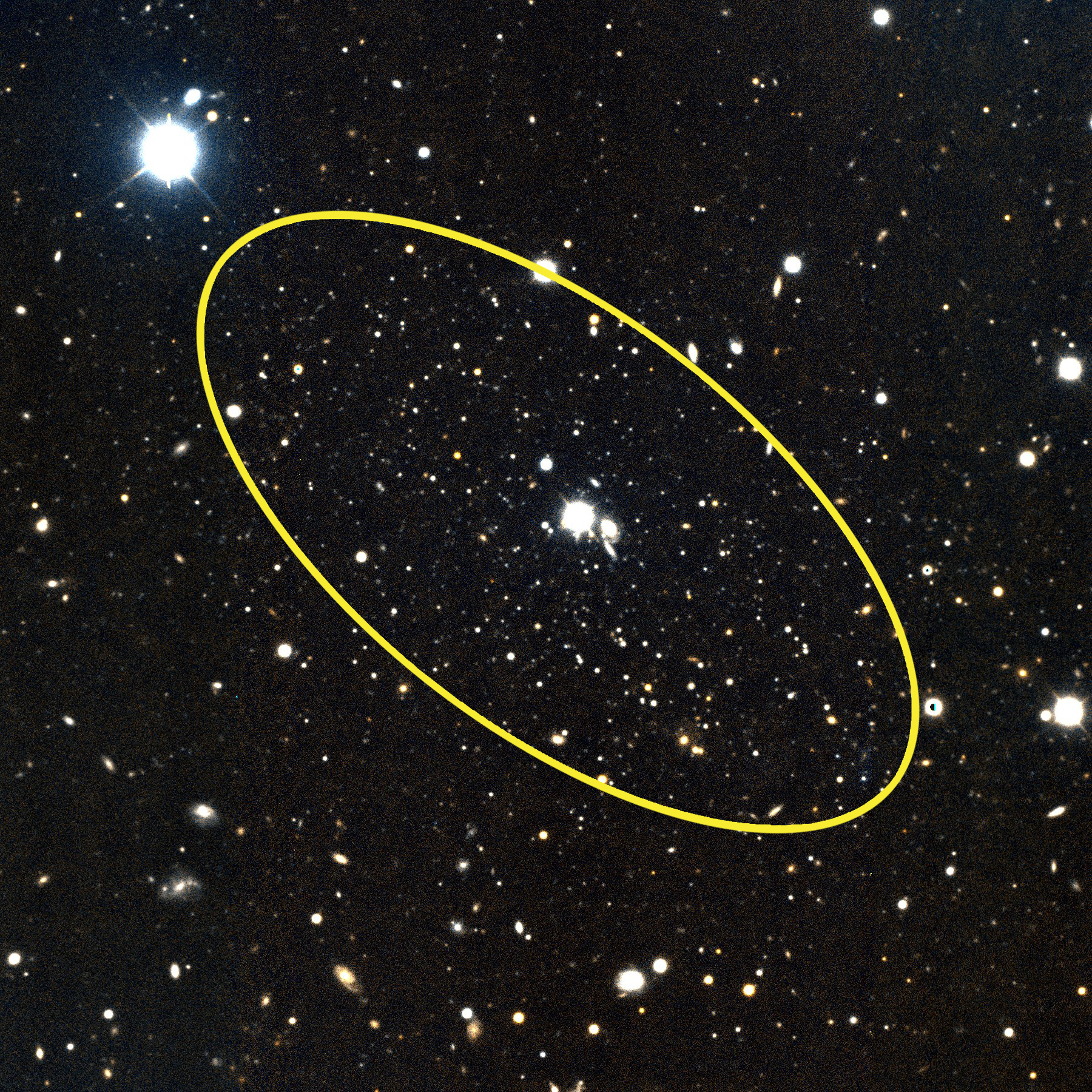 The circled cluster of stars is the dwarf galaxy Andromeda 29. The bright star within the circle is a foreground star within our own Milky Way galaxy. This image was obtained with the Gemini Multi-Object Spectrograph at the Gemini North telescope in Hawai