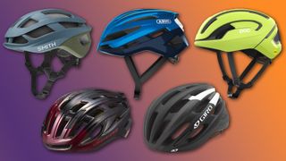 A collection of road bike helmets from the Black Friday sales on a colourful background