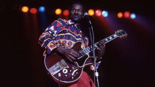 Chuck Berry (1928-2017) performs on November 23, 1981, at the Fox Theatre in Detroit, Michigan.