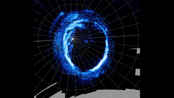 Evolution of a dawn storm in Jupiter’s polar auroras. This animation was created from observations made by Juno’s UVS (Ultraviolet Spectrograph) instrument.
