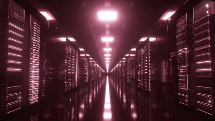 Purple-tinted photo of a server room. 