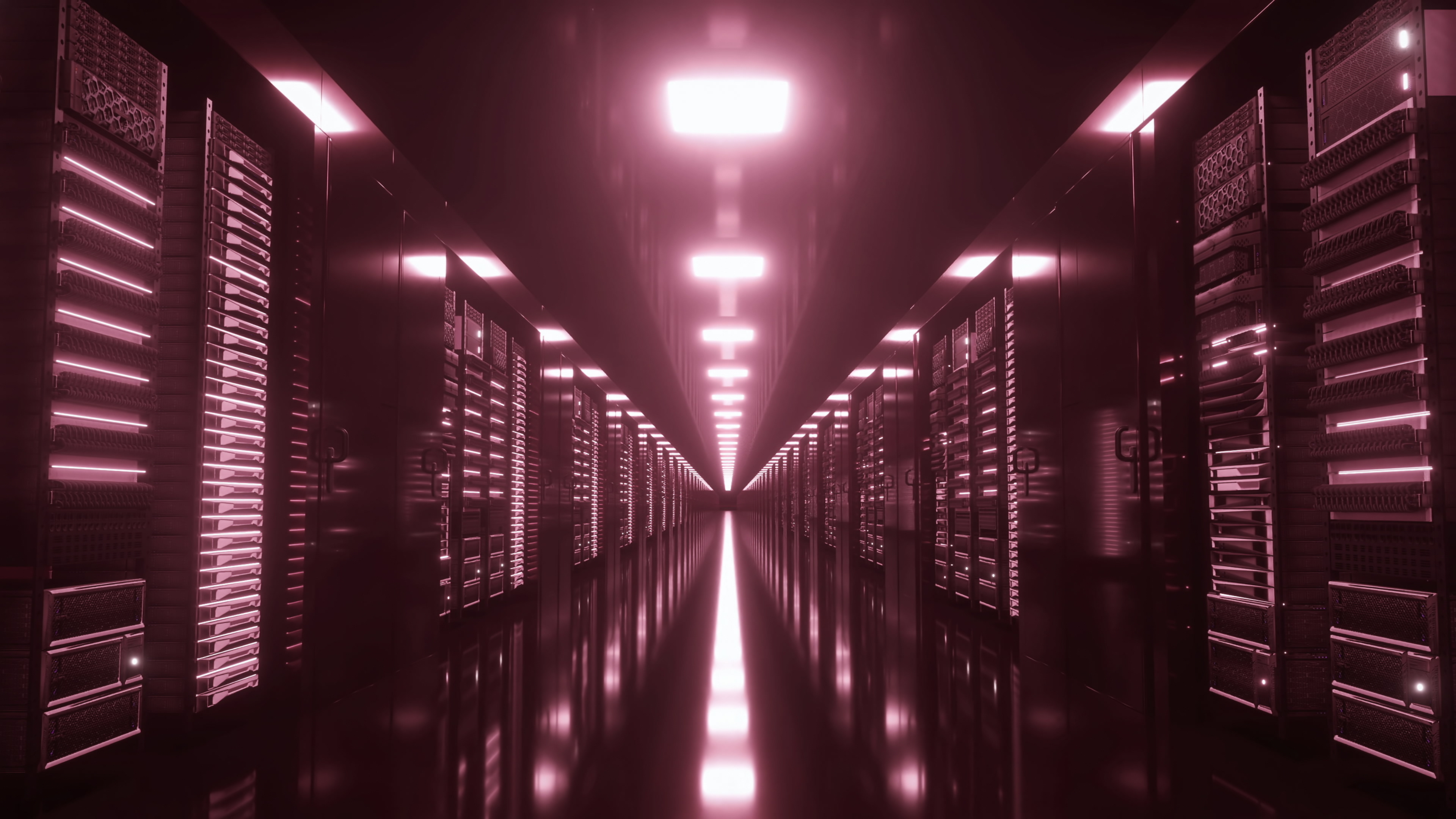 Purple-tinted photo of a server room. 