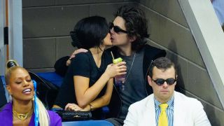 NEW YORK, NEW YORK - SEPTEMBER 10: Kylie Jenner and Timothée Chalamet are seen at the Final game with Novak Djokovic vs. Daniil Medvedev at the 2023 US Open Tennis Championships on September 10, 2023 in New York City.