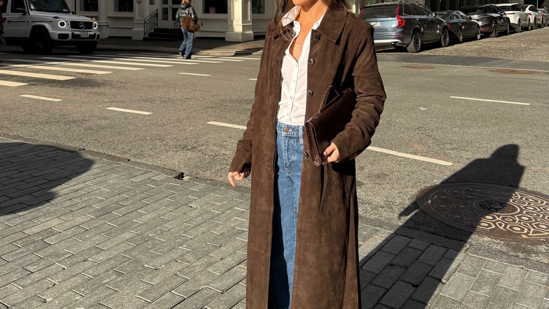 @emmaleger in brown suede SRG trench coat.