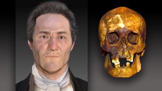 A side-by-side comparison of a facial reconstruction of a "vampire" and his skull.