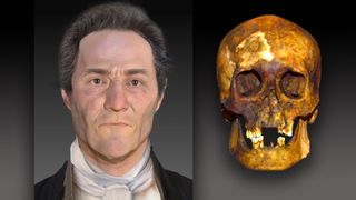 A side-by-side comparison shows a facial reconstruction of a man believed to be a vampire and his skull.