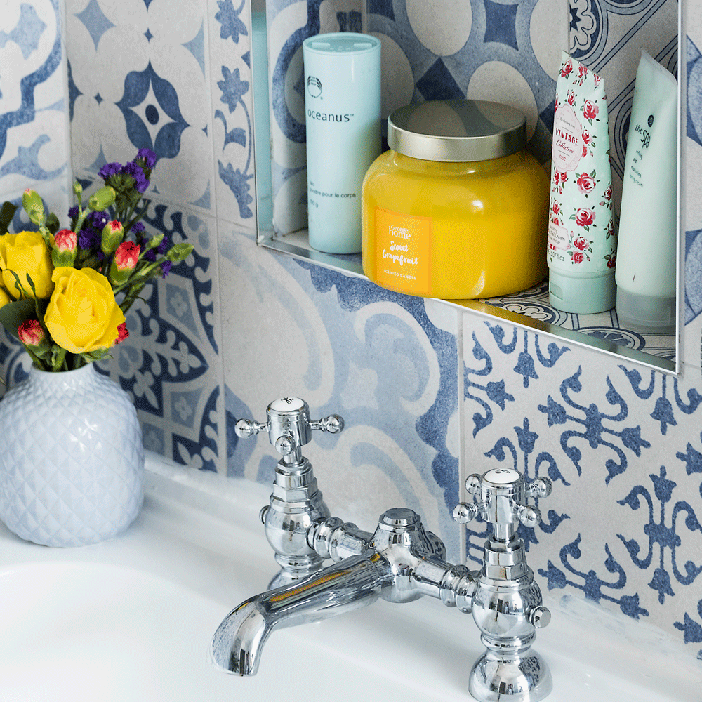 blue designed tiles wall storage space flower pot skin products and tap