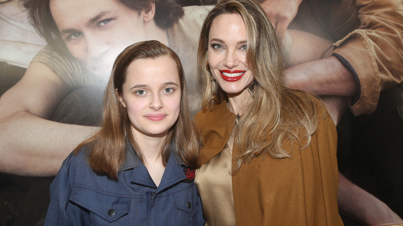 Vivienne Jolie-Pitt and Angelina Jolie attend the opening night of &quot;The Outsiders&quot; at The Bernard B. Jacobs Theatre on April 11, 2024 in New York City.