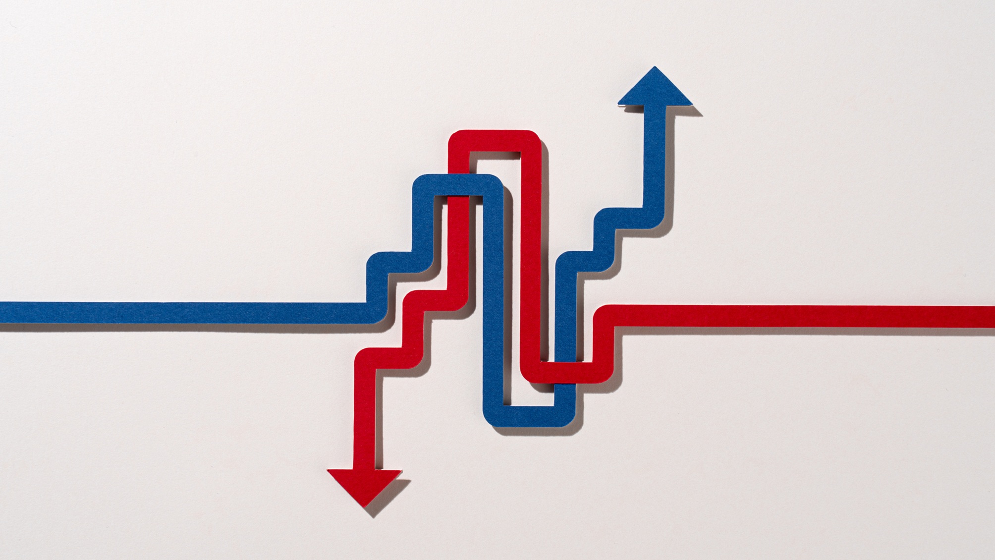 A line graph with entangled red and blue arrows showing growth and declines.