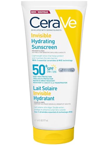 Cerave Protetor Solar Hidratante Invisível Spf 50+, proteção de amplo espectro Uvb Uva, com 3 ceramidas essenciais, tecnologia Mve, corpo e rosto, para peles sensíveis, crianças e adultos, à prova d'água, 177 ml