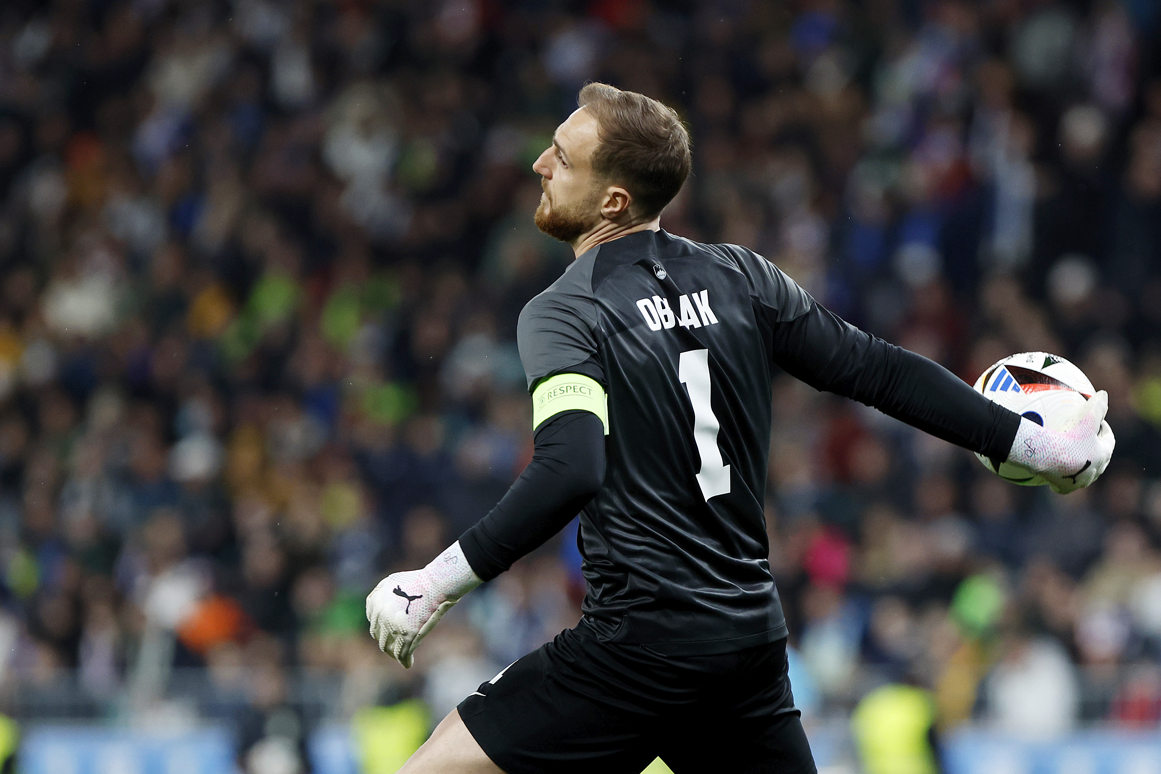 Jan Oblak in action for Slovenia against Portugal in March 2024.