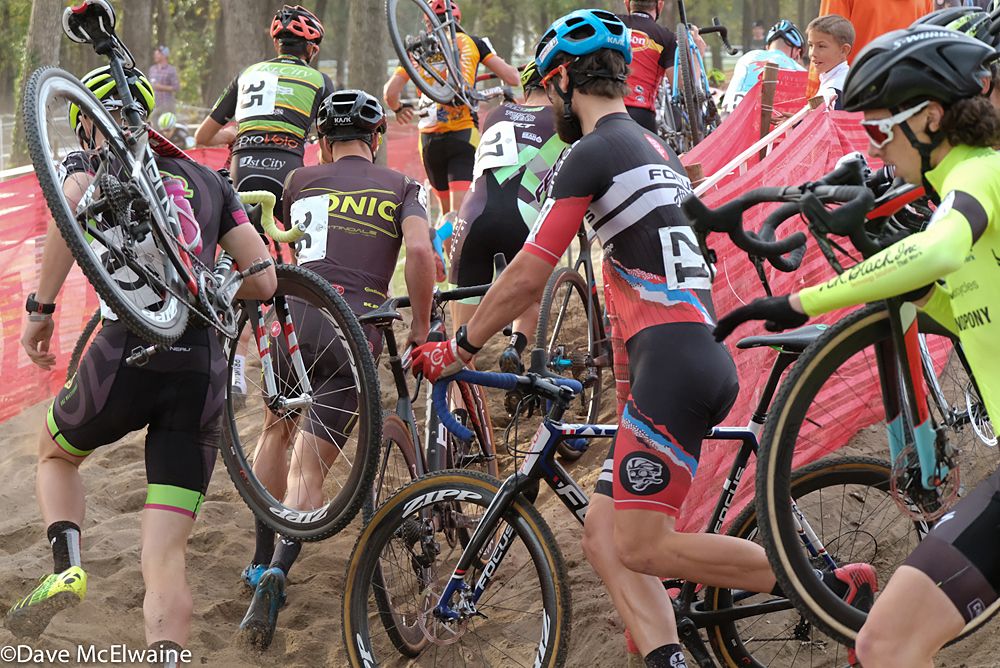 Racers round the 180-degree turn in the sand pit