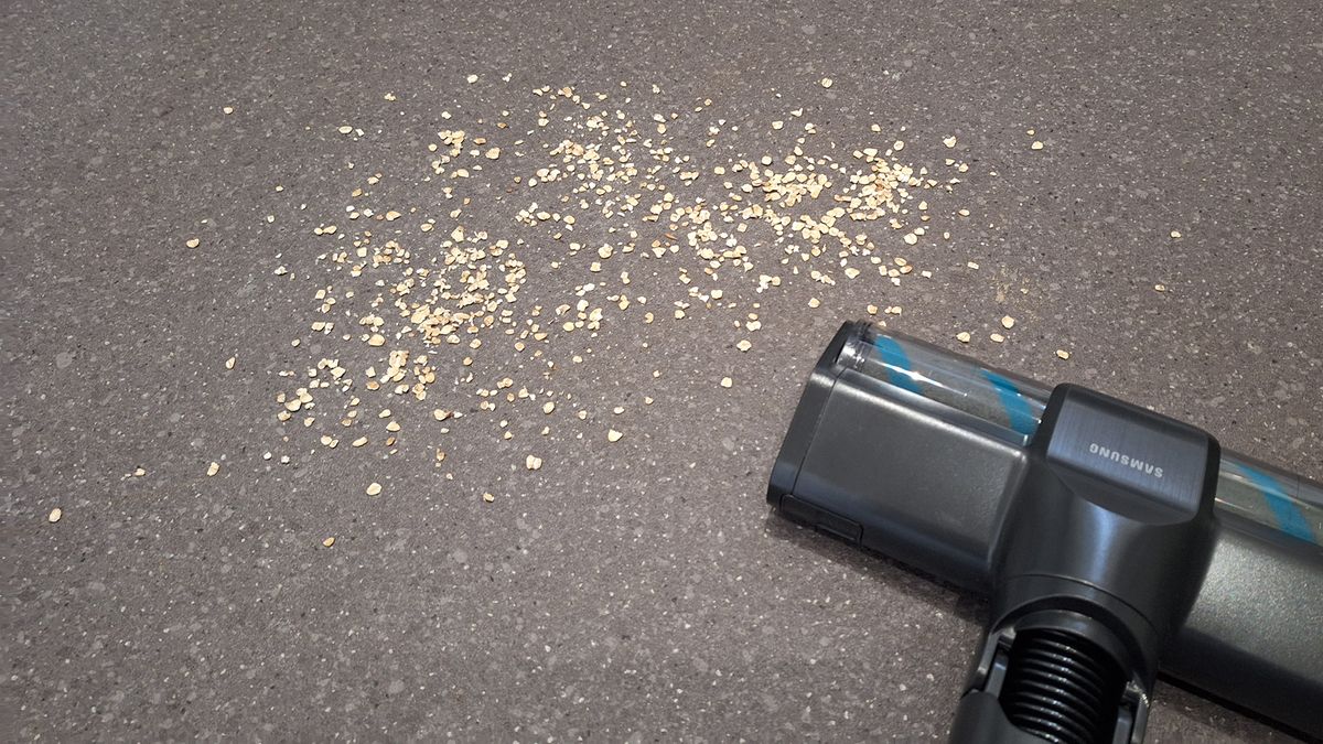 During large debris suction test on lino using Samsung Bespoke AI Jet Ultra
