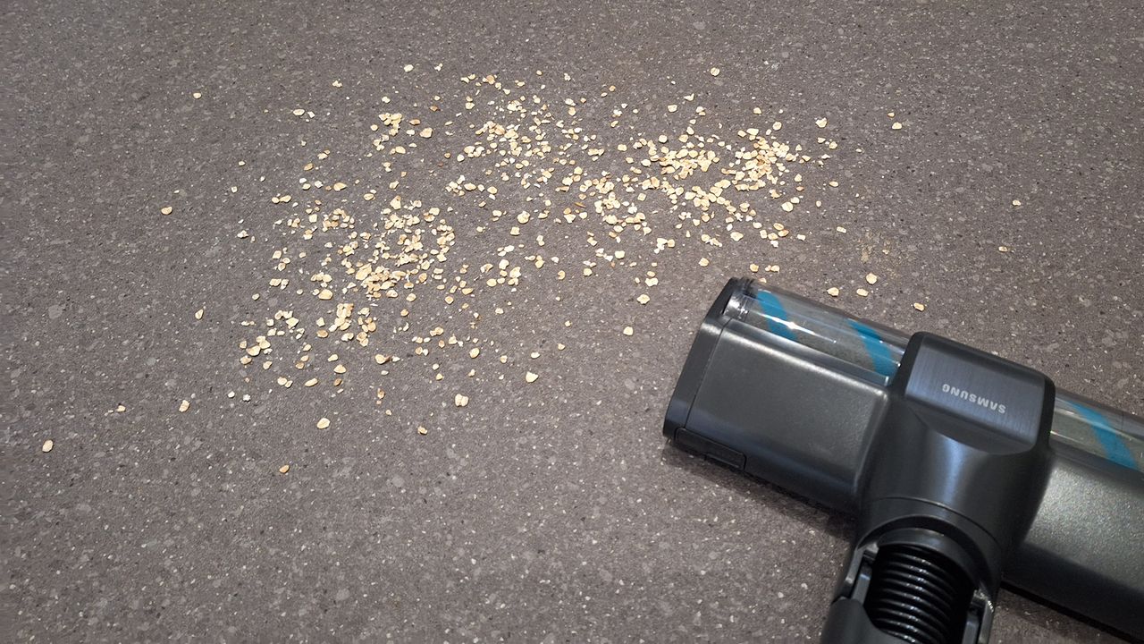 During large debris suction test on lino using Samsung Bespoke AI Jet Ultra