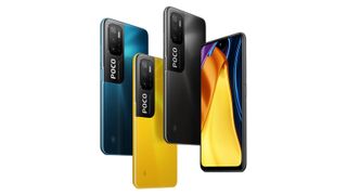 The Poco M3 Pro 5G from the front and back, in all three colors