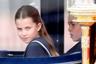 Prince Louis of Wales, Princess Charlotte of Wales and Prince George of Wales during Trooping the Colour at Buckingham Palace on June 15, 2024 in London, England. Trooping the Colour is a ceremonial parade celebrating the official birthday of the British Monarch.