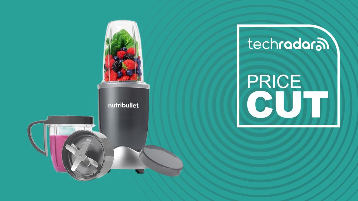 A Nutribullet Blender 600 Series pictured on the right on a cyan background, with price cut written in white on the right hand side.