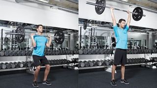 Man demonstrating two positions of the push press barbell exercise