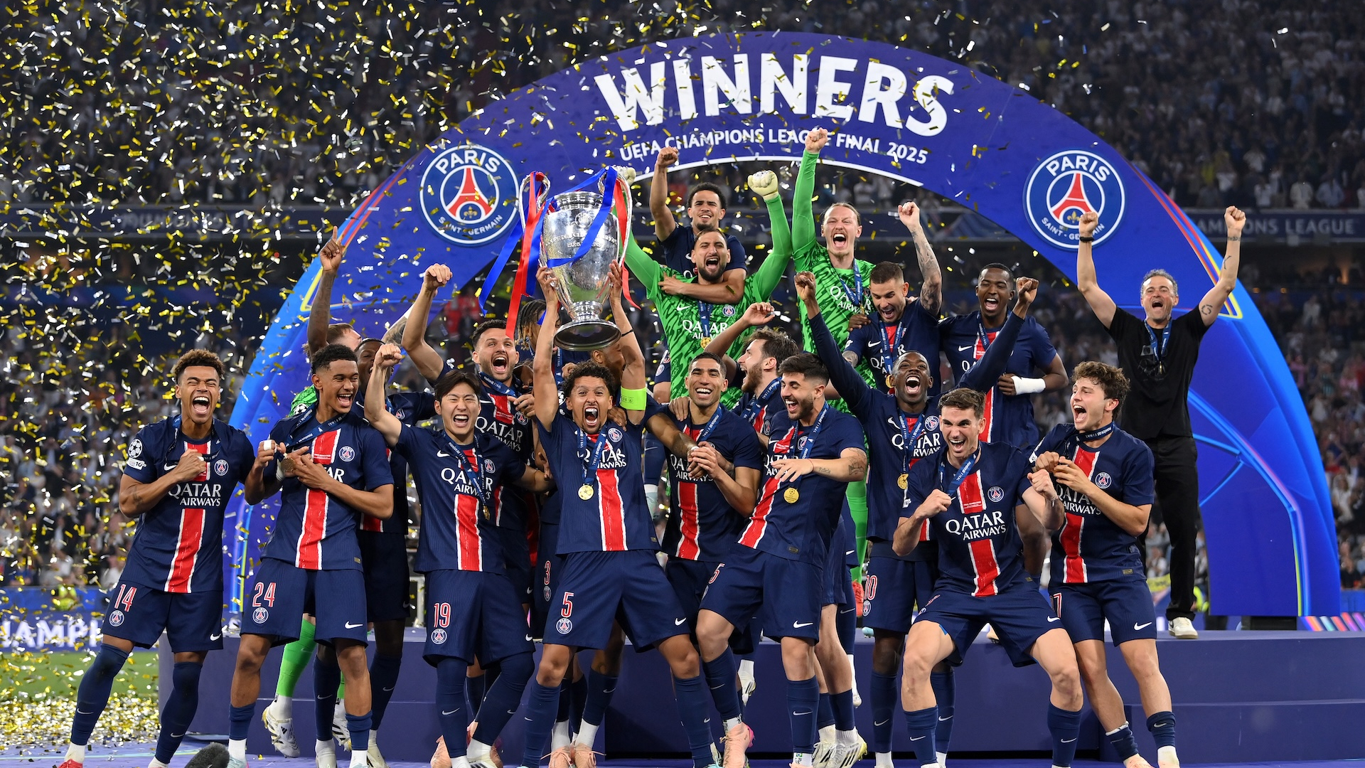 PSG lifting the Champions League trophy 
