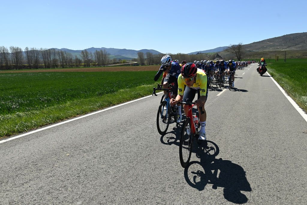 LEITZA SPAIN APRIL 04 Brandon Rivera of Colombia and Team INEOS Grenadiers Jorge Arcas of Spain and Movistar Team and Ethan Hayter of United Kingdom and Team INEOS Grenadiers Yellow Leader Jersey lead the peloton during the 62nd Itzulia Basque Country 2023 Stage 2 a 1938km stage from Viana to Leitza UCIWT on April 04 2023 in Leitza Spain Photo by David RamosGetty Images
