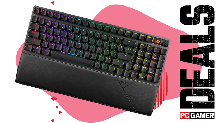 An image of an Asus ROG Strix Scope II 96 Wireless gaming keyboard, against a colorful background with the phrase 'Deals' on the right side, above a PC Gamer logo