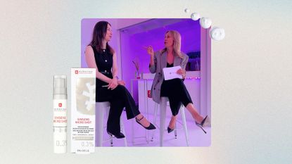 an image of Dr Christine Hall talking to Nadine Baggot at an erborian event, beside an image of erborian ginseng micro shot serum and some spills of serum