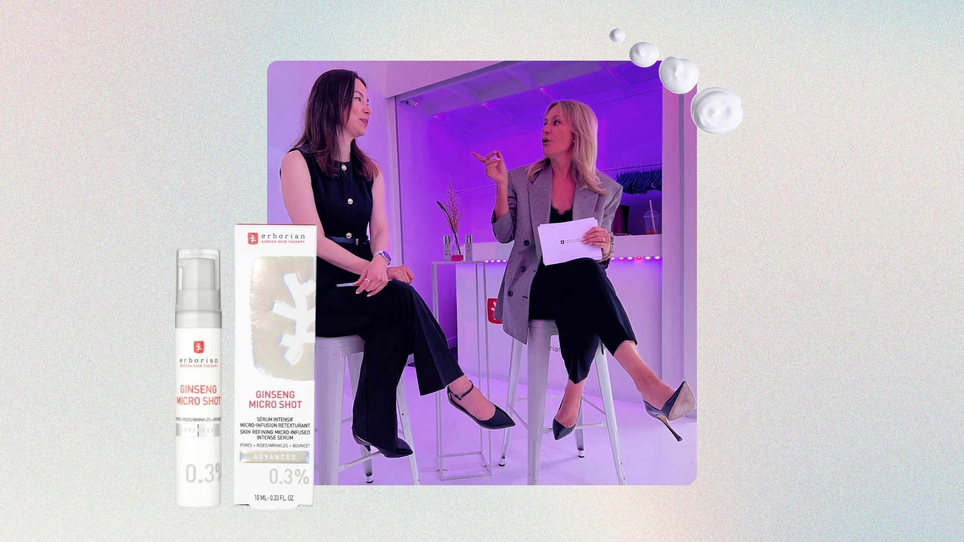 an image of Dr Christine Hall talking to Nadine Baggot at an erborian event, beside an image of erborian ginseng micro shot serum and some spills of serum