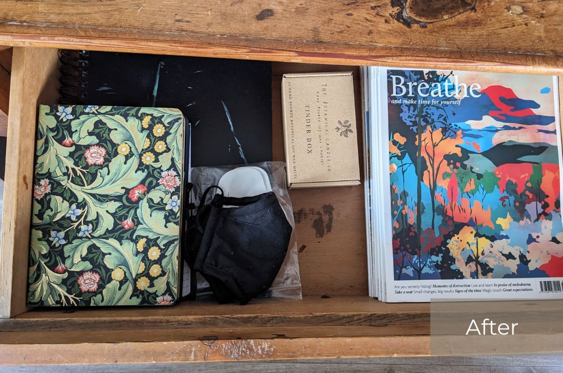 After photos of of my drawer showing neatly stacked magazines, various items in the middle and notepad to the left after I used the 5x5 Cleaning Method
