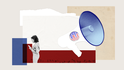 Graphic design illustration art composed of elements including a woman holding a sheet of voting document. Next to her is a large loudspeaker with a sticker in red and blue stars and stripes saying &quot;VOTE&quot;