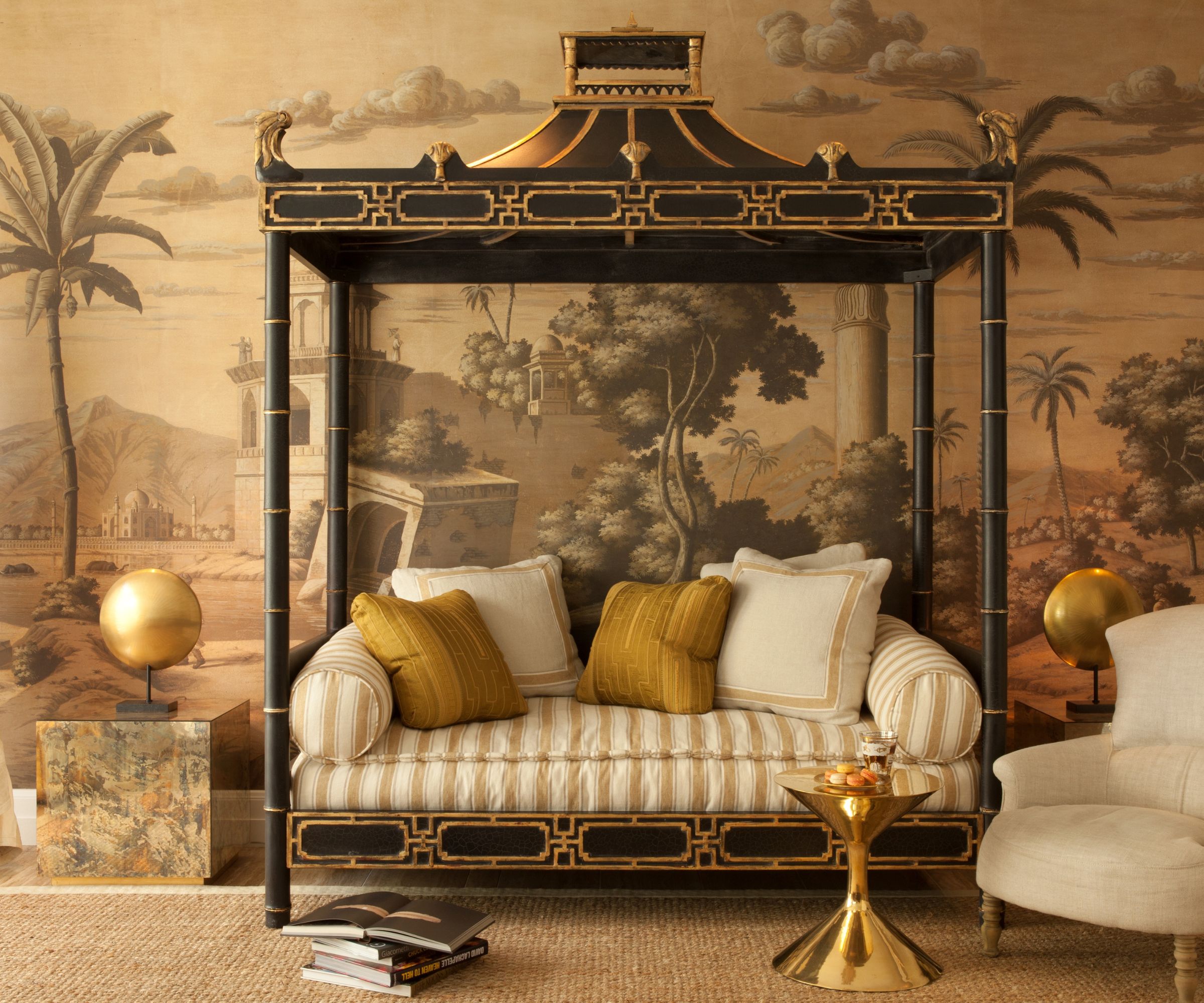 family room with chinoiserie day bed and mural wallcovering