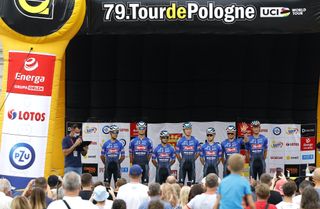 LUBLIN, POLAND - JULY 30: David van der Poel of The Netherlands, Sjoerd Bax of Netherlands, Tobias Bayer of Austria, Senne Leysen of Belgium, Jakub Mareczko of Italy, Stefano Oldani of Italy, Fabio Van Den Bossche of Belgium and Team Alpecin-Deceuninck during the team presentation prior to the 79th Tour de Pologne 2022 - Stage 1 a 218,8km stage from Kielce to Lublin / #TdP22 / #WorldTour / on July 30, 2022 in Lublin, Poland. (Photo by Bas Czerwinski/Getty Images)