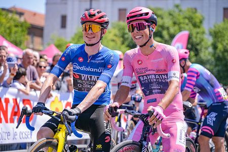 Jonas Vingegaard of Team Visma with the Maglia Azzurra and Afonso Eulalio of Bahrain Victorius with the Maglia Rosa on the start line during stage 13, Alessandria-Verbania, of the 2026 Giro d'Italia in Alessandria, Italy, on May 22, 2026. (Photo by Andrea Amato/NurPhoto via Getty Images)