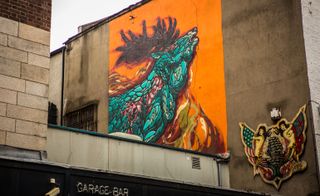 Earley’s style originates in street art and graphic design. A stroll though Dublin’s Temple district will reveal striking examples of his work