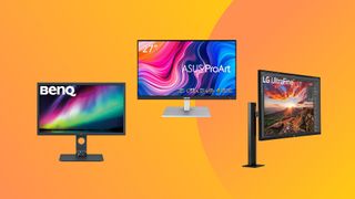 Three of the best USB-C monitors on a yellow background.