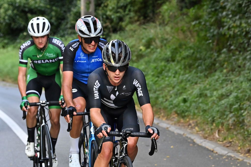 LEUVEN BELGIUM SEPTEMBER 24 LR Adam Ward of Ireland Gleb Karpenko of Estonia and Logan Currie of New Zealand compete in the breakaway during the 94th UCI Road World Championships 2021 Men U23 Road Race a 1609km race from Antwerp to Leuven flanders2021 on September 24 2021 in Leuven Belgium Photo by Dirk Waem PoolGetty Images