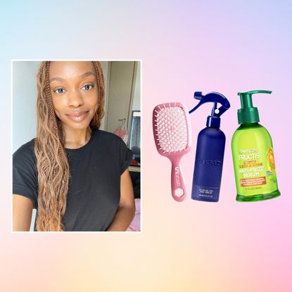 an edit of a person with braids next to three beauty products