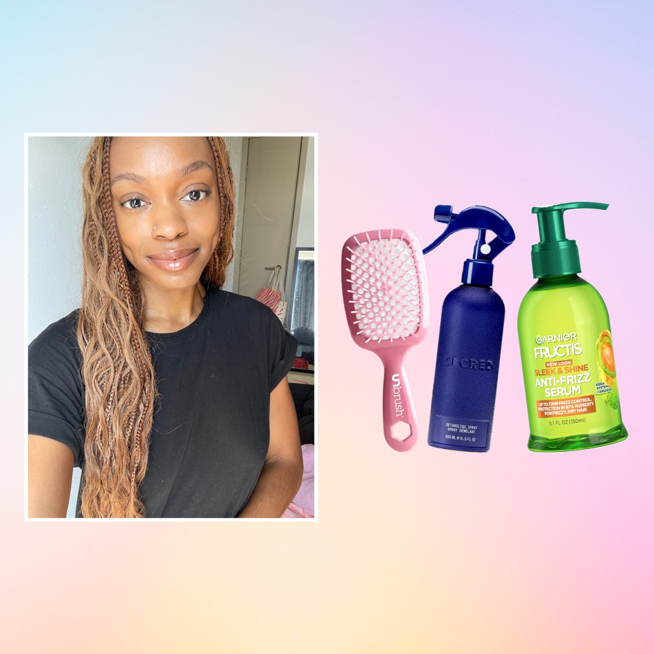 an edit of a person with braids next to three beauty products