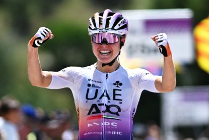 LA MOLINA, SPAIN - JUNE 20: Paula Blasi of Spain and UAE Team ADQ celebrates at finish line as stage winner during the 5th Volta Ciclista a Catalunya Femenina 2026, Stage 2 a 130km stage from LA MOLINA to La Molina 1691m on June 20, 2026 in La Molina, Spain. (Photo by Szymon Gruchalski/Getty Images)