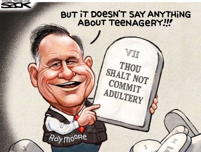 Political cartoon U.S. Roy Moore sexual assault ten commandments